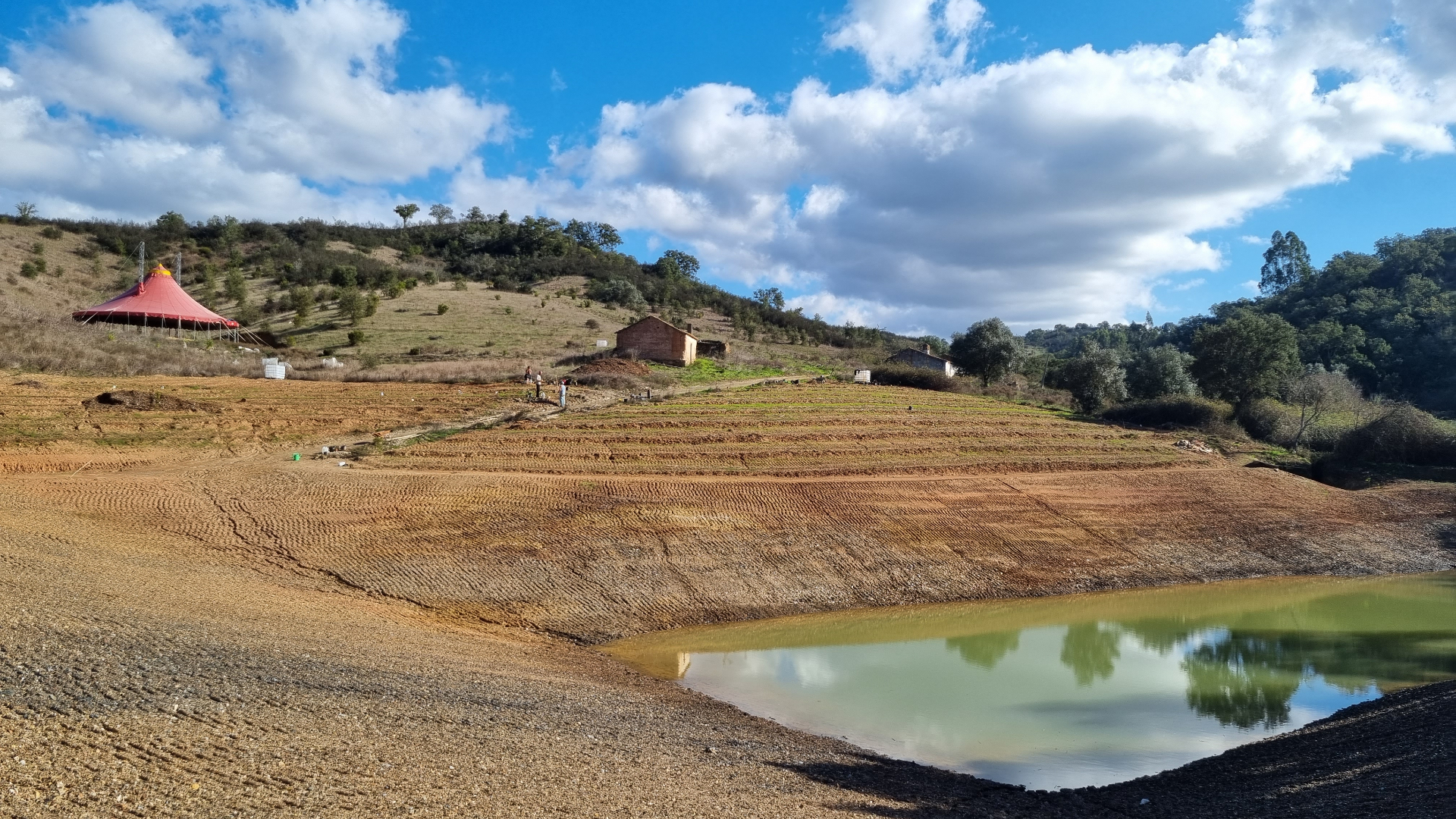 Water held, the pond reflects the sky months later.