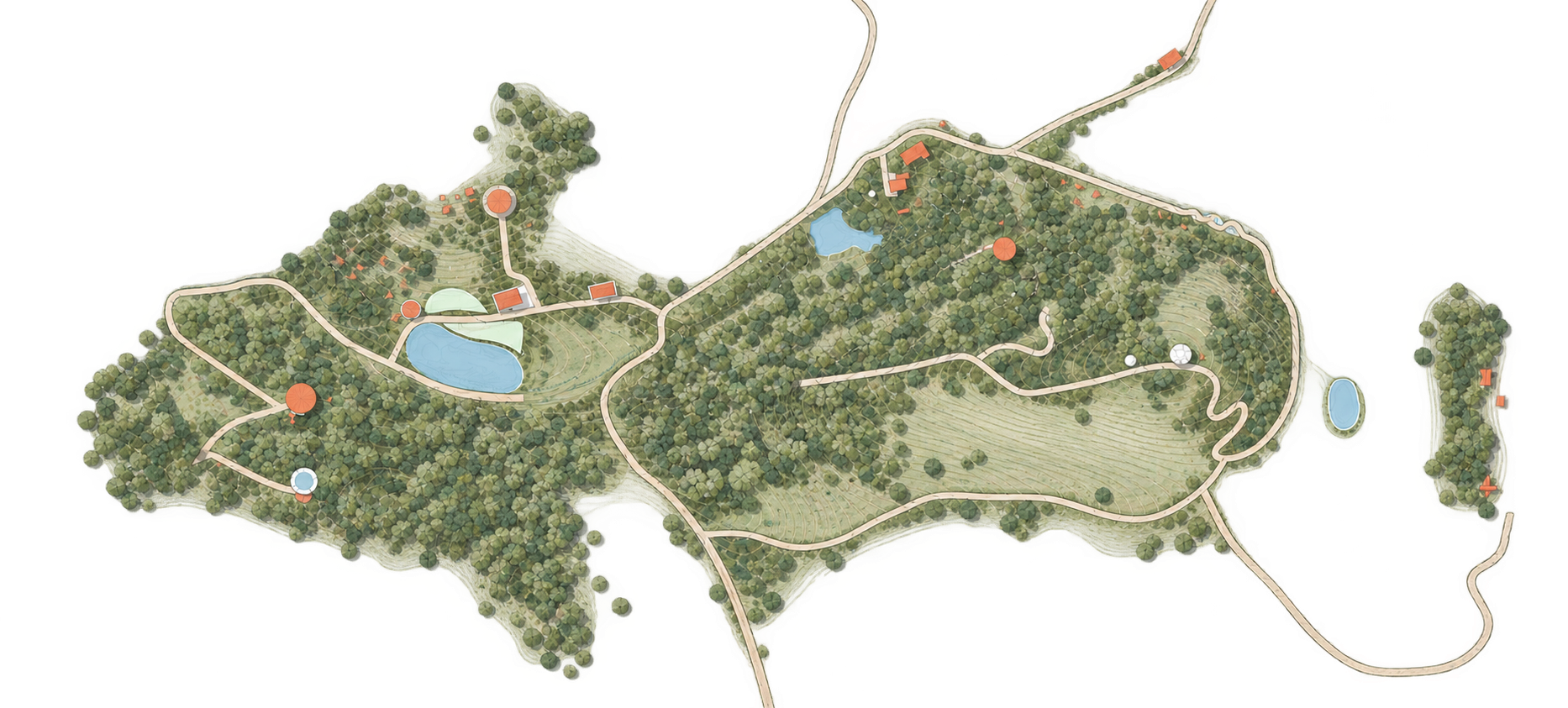 An illustrated map of the Mosaic land: the two parcels, the lakes, the paths and the buildings